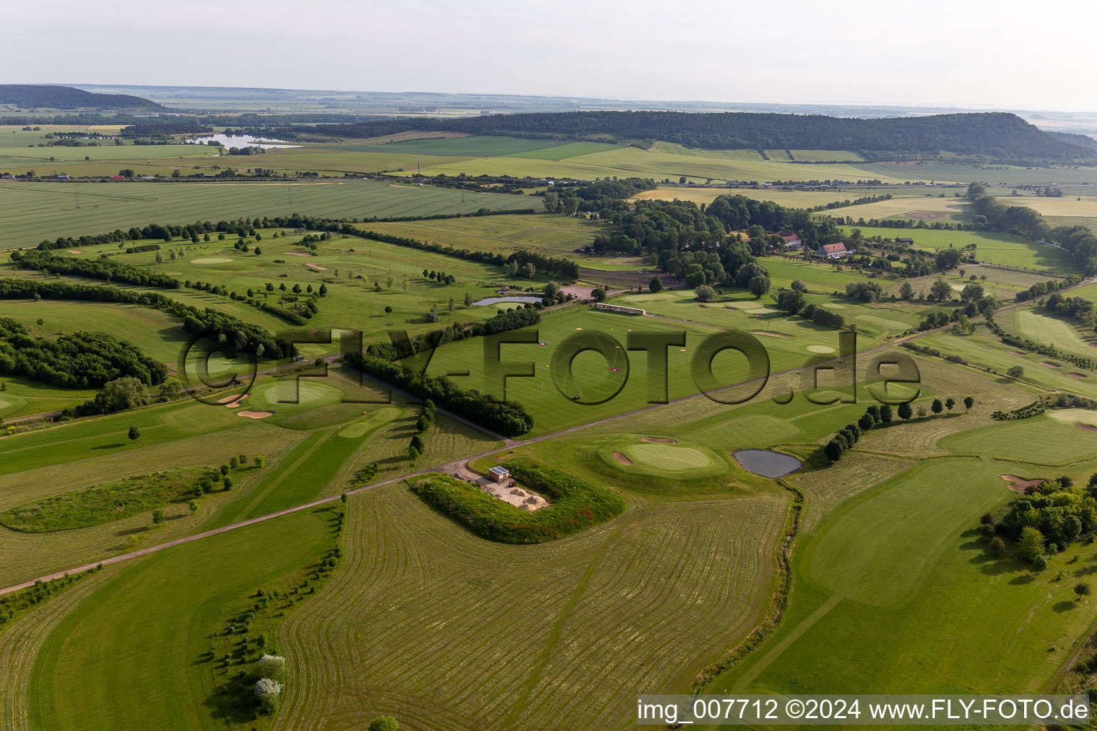 Grounds of the Golf course at " Drei Gleichen Muehlberg e.V. " in Muehlberg in the state Thuringia, Germany viewn from the air