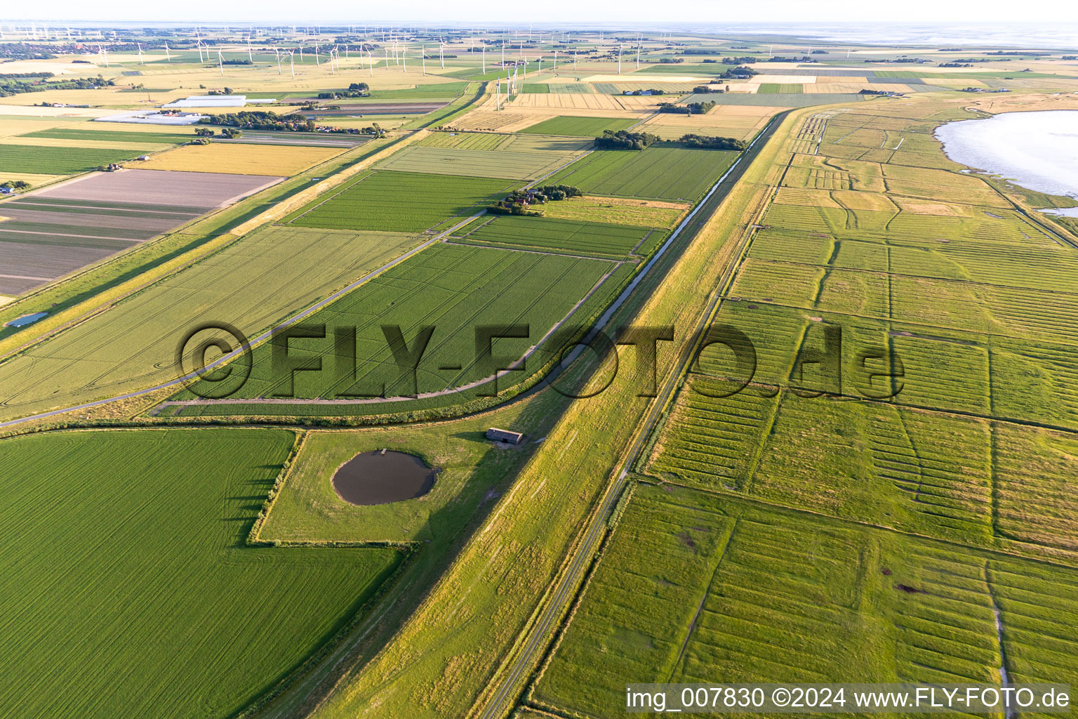 Aerial view of Dithmarscher Eider Foreland in Wesselburenerkoog in the state Schleswig Holstein, Germany