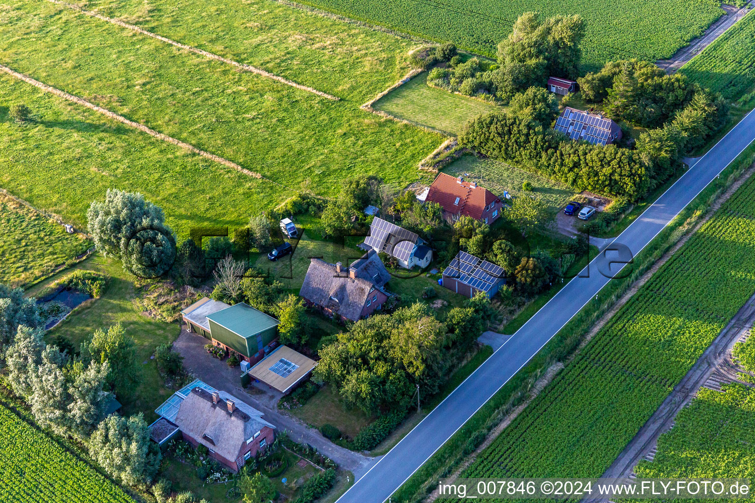 Drone recording of Schülpersieler Street in Wesselburenerkoog in the state Schleswig Holstein, Germany