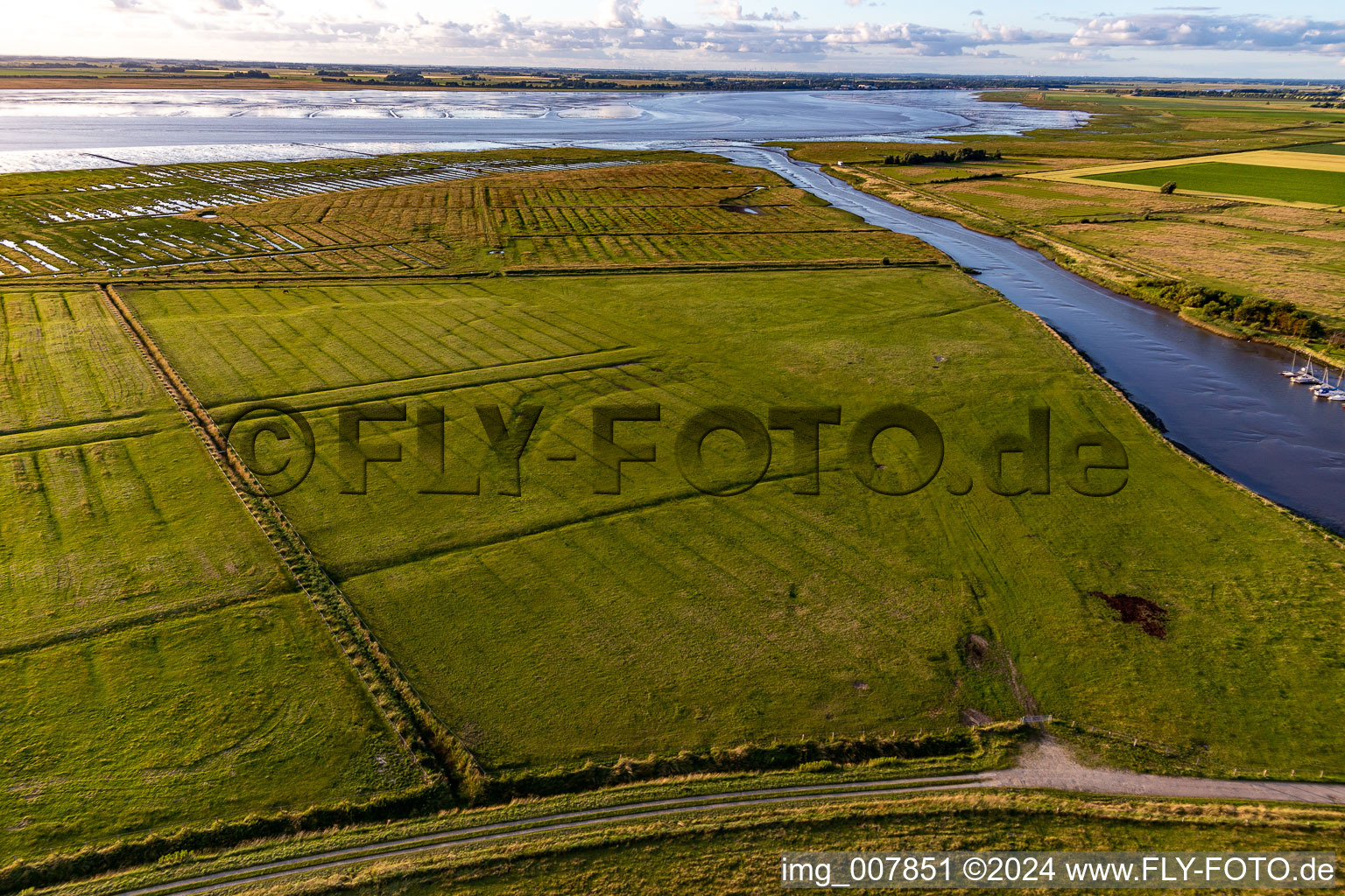 Dithmarscher Eider Foreland in Wesselburenerkoog in the state Schleswig Holstein, Germany from above