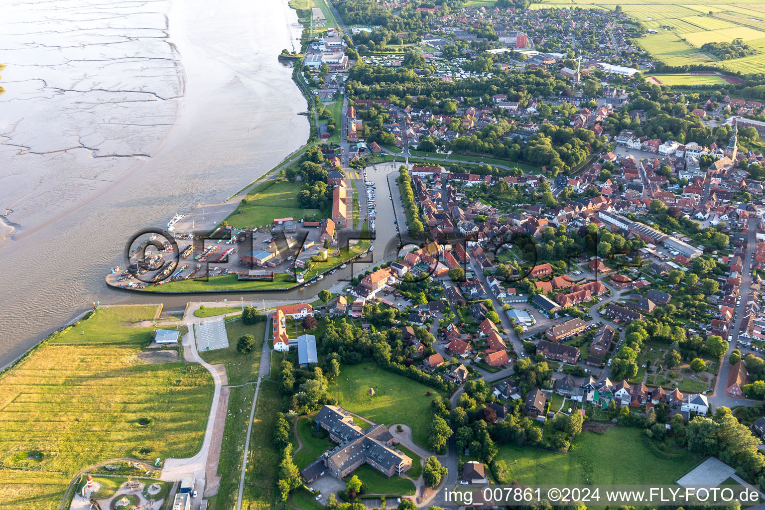 Aerial view of Port Tönning in Tönning in the state Schleswig Holstein, Germany