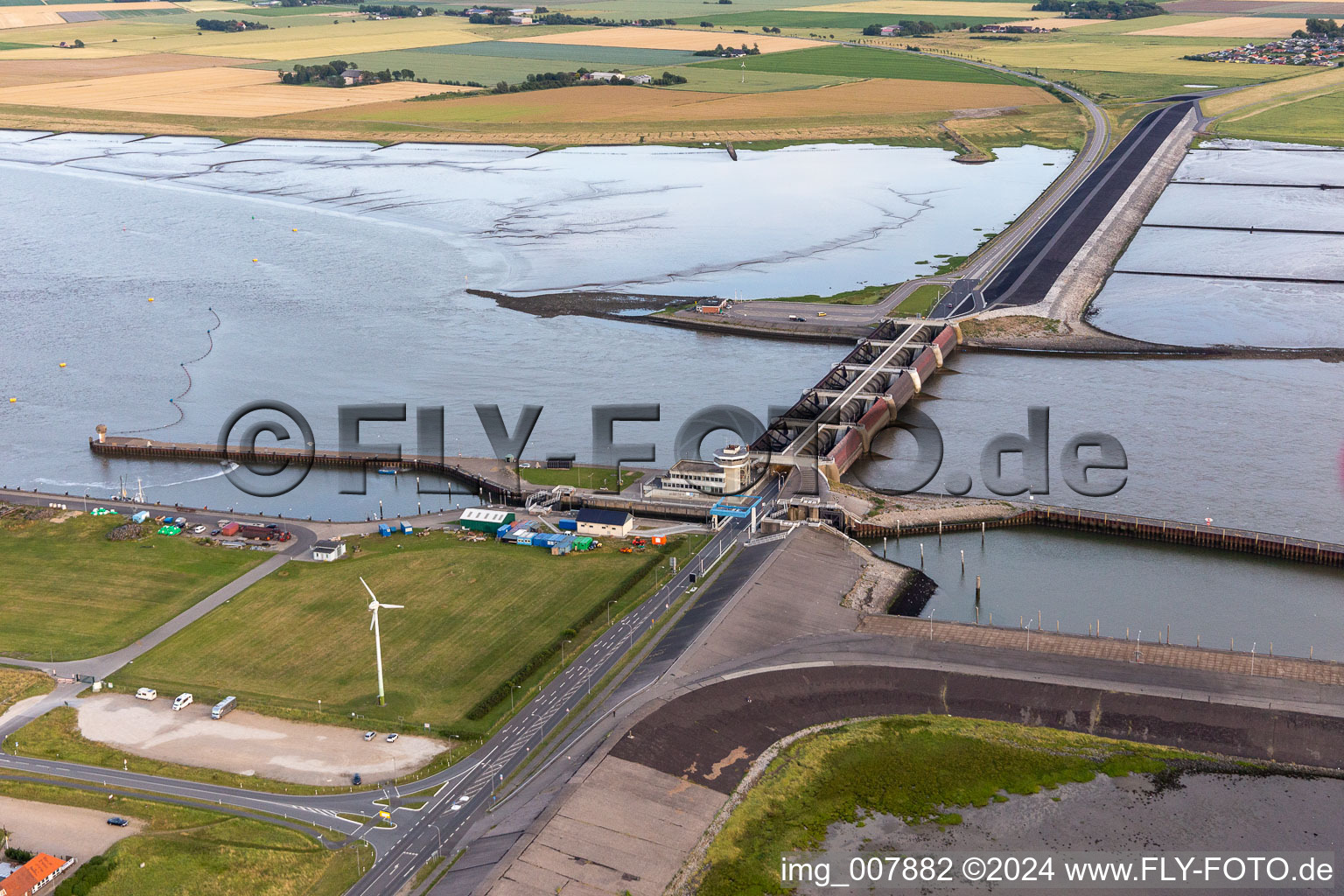 Aerial view of Lockage of the Eider-Sperrwerk in Wesselburenerkoog in the state Schleswig-Holstein