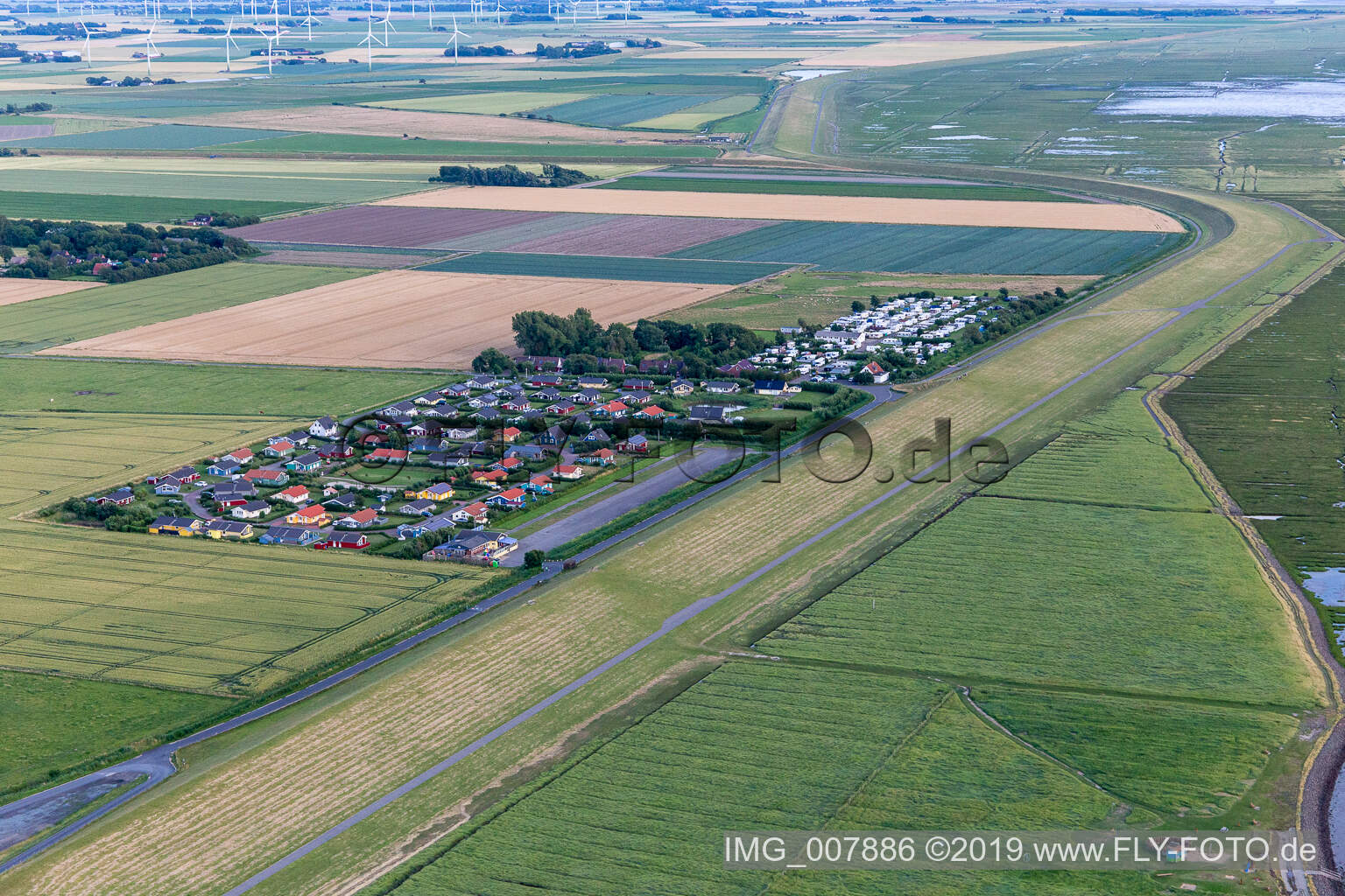 Aerial view of Holiday home development and camping Wesselburenerkoog in Wesselburenerkoog in the state Schleswig Holstein, Germany