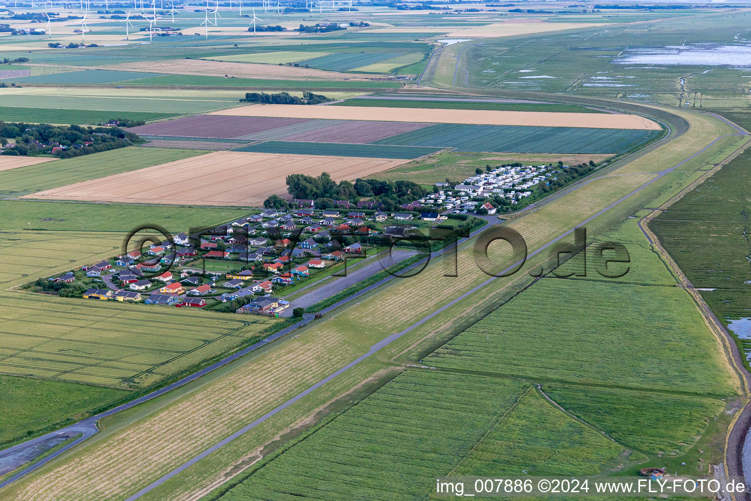 Aerial view of Holiday home settlement and camping Wesselburenerkoog in Wesselburenerkoog in the state Schleswig Holstein, Germany