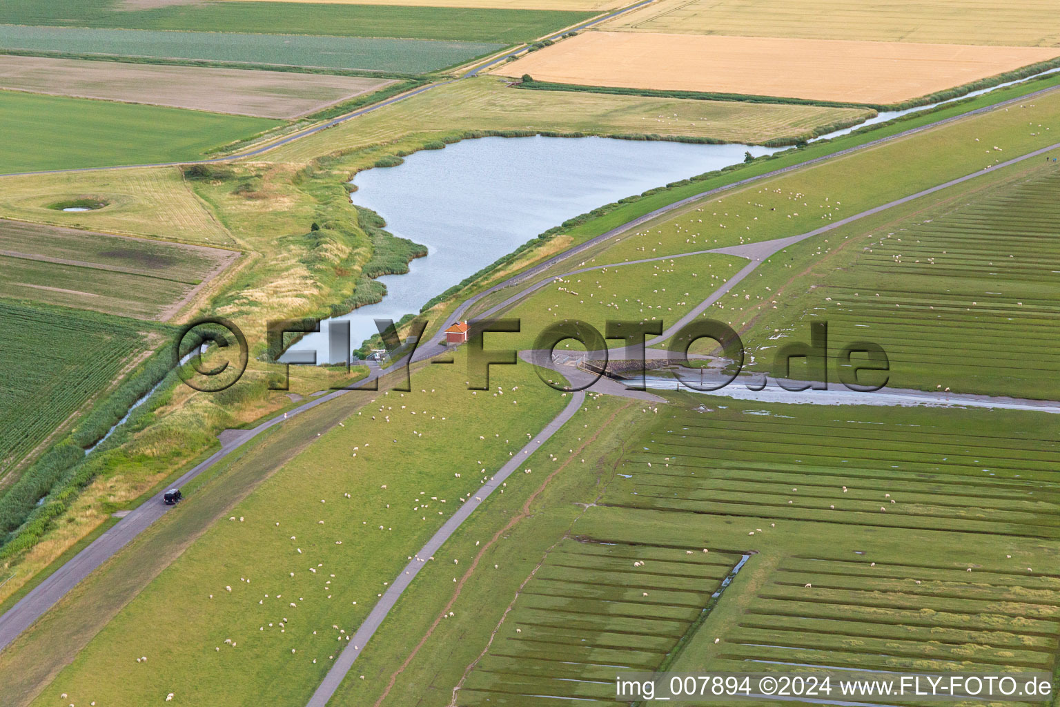 Aerial view of North Sea dam on the herring sand in Wesselburenerkoog in the state Schleswig Holstein, Germany