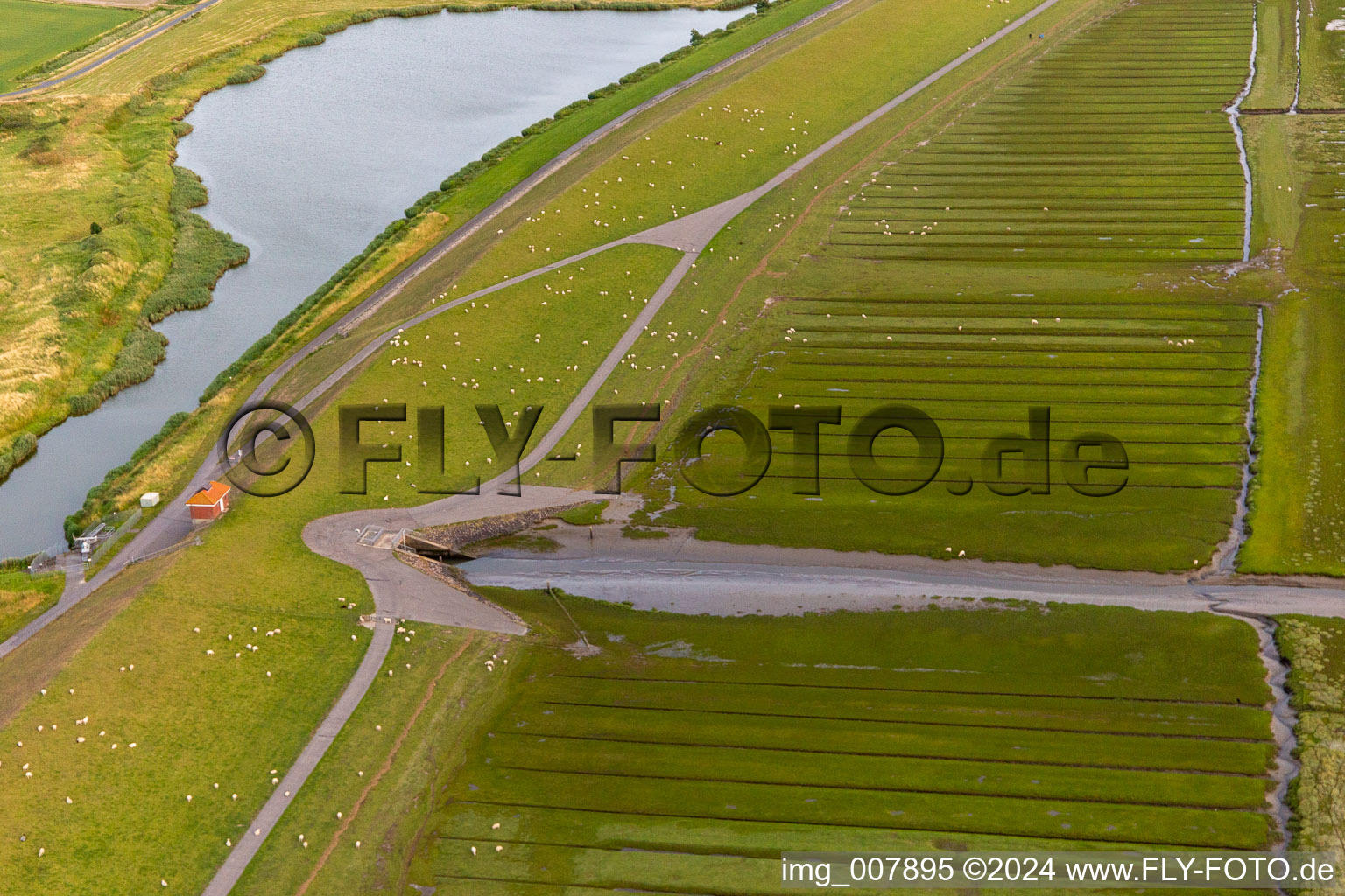 Aerial photograpy of North Sea dam at Heringsand in Wesselburenerkoog in the state Schleswig Holstein, Germany