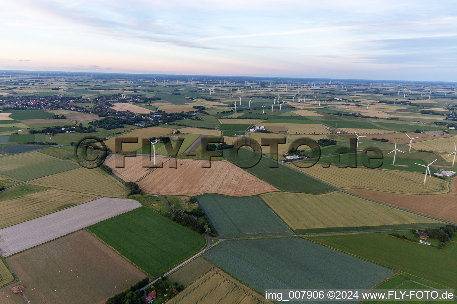 Wind turbines around Wesselburen in Süderdeich in the state Schleswig Holstein, Germany