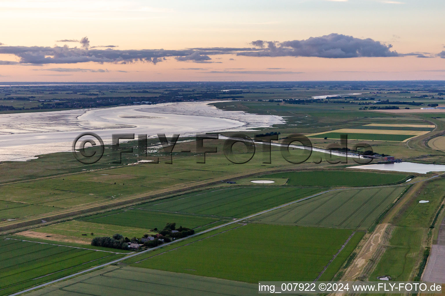 Aerial view of Schülpersieler Straße in Wesselburenerkoog in the state Schleswig Holstein, Germany