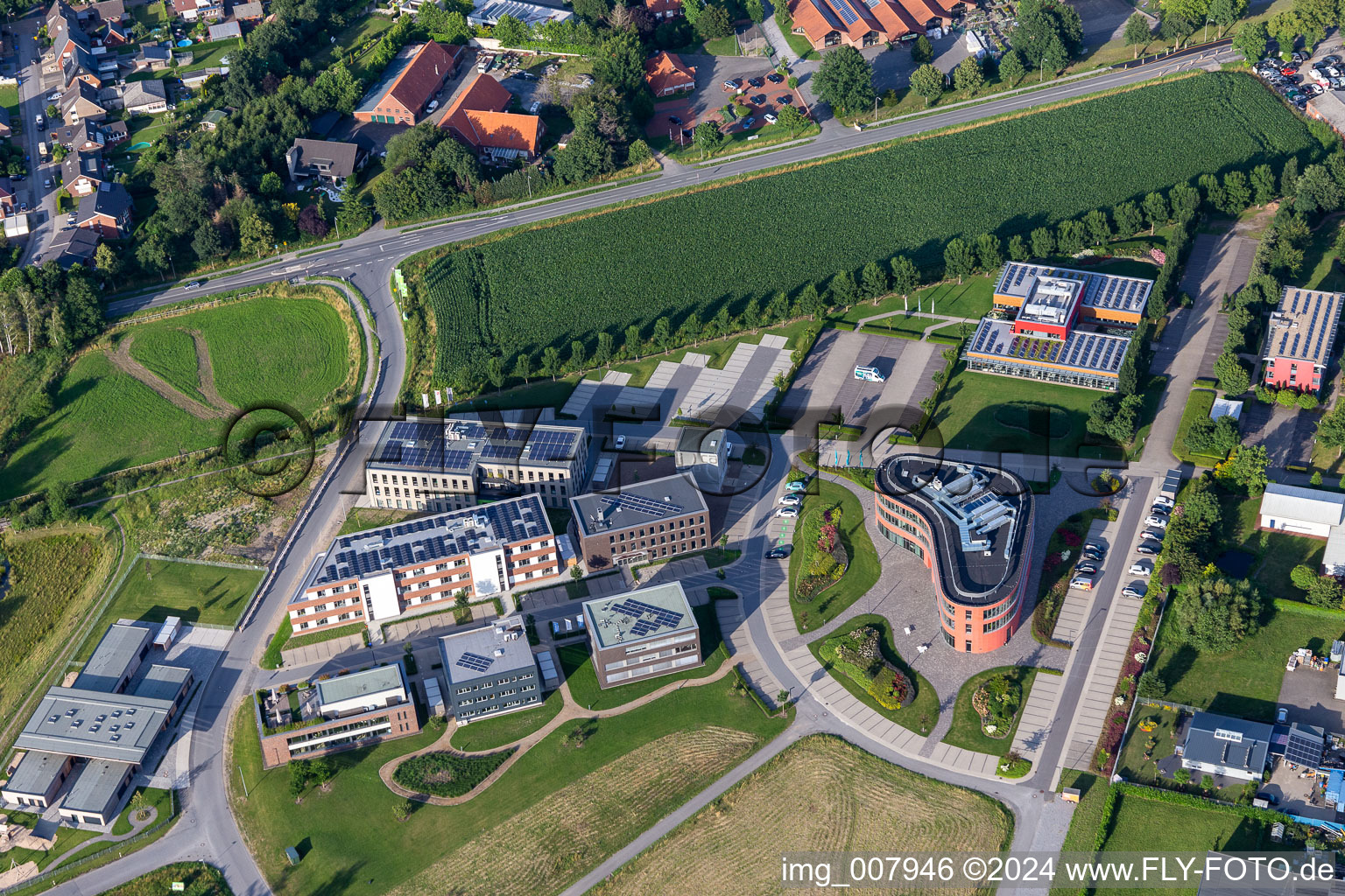 Aerial view of Industrial estate and company settlement with SHOPMACHER eCommerce GmbH & Co. KG, Windhoff Group and d.velop in Gescher in the state North Rhine-Westphalia, Germany