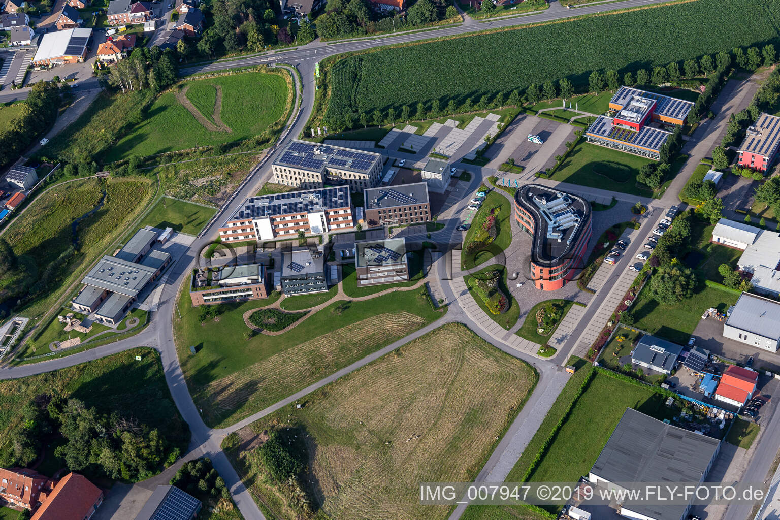 Aerial view of D.velop Lifer Sciences campus in Gescher in the state North Rhine-Westphalia, Germany