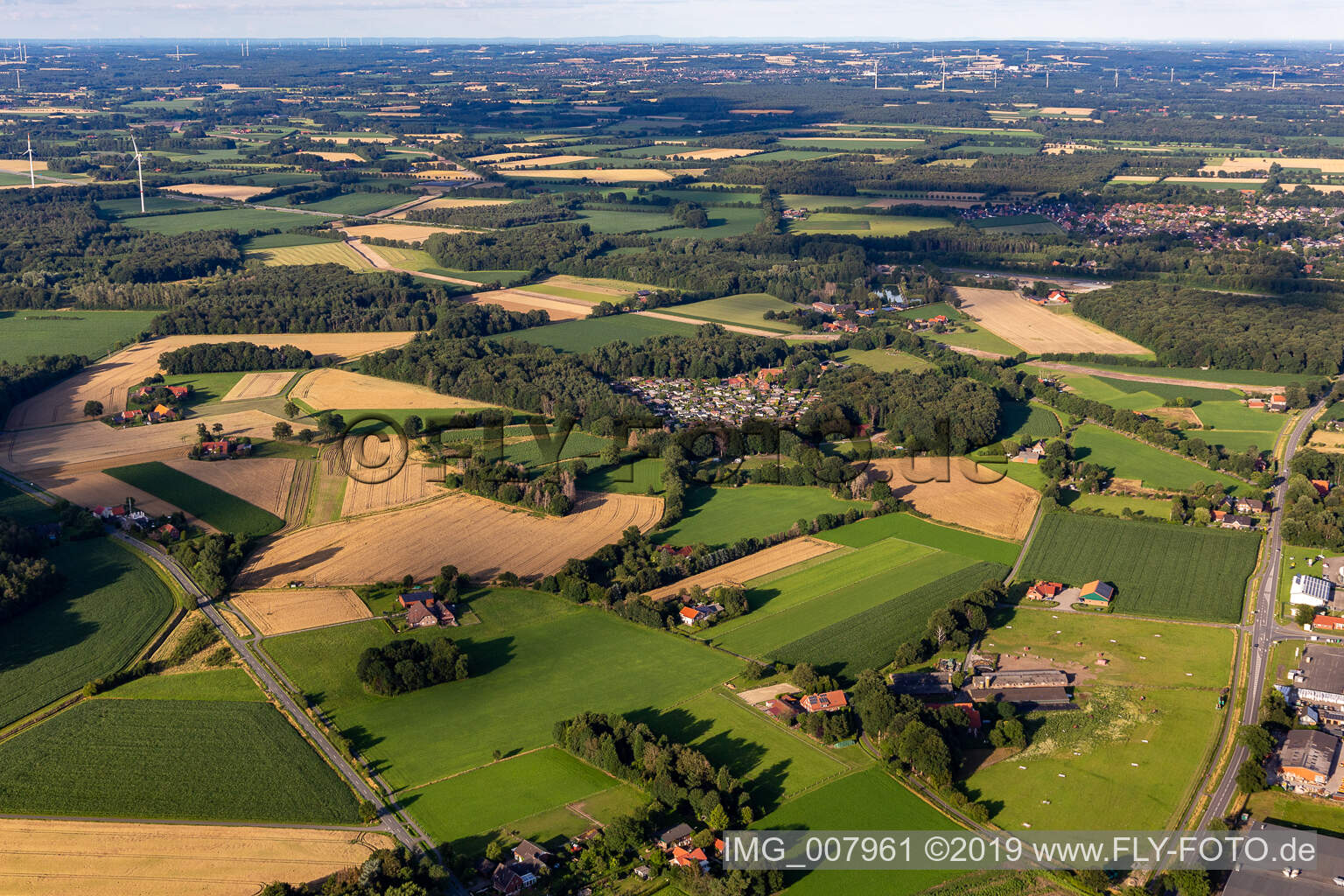 Waldvelen recreation area, family ven der Buss in Velen in the state North Rhine-Westphalia, Germany from the plane