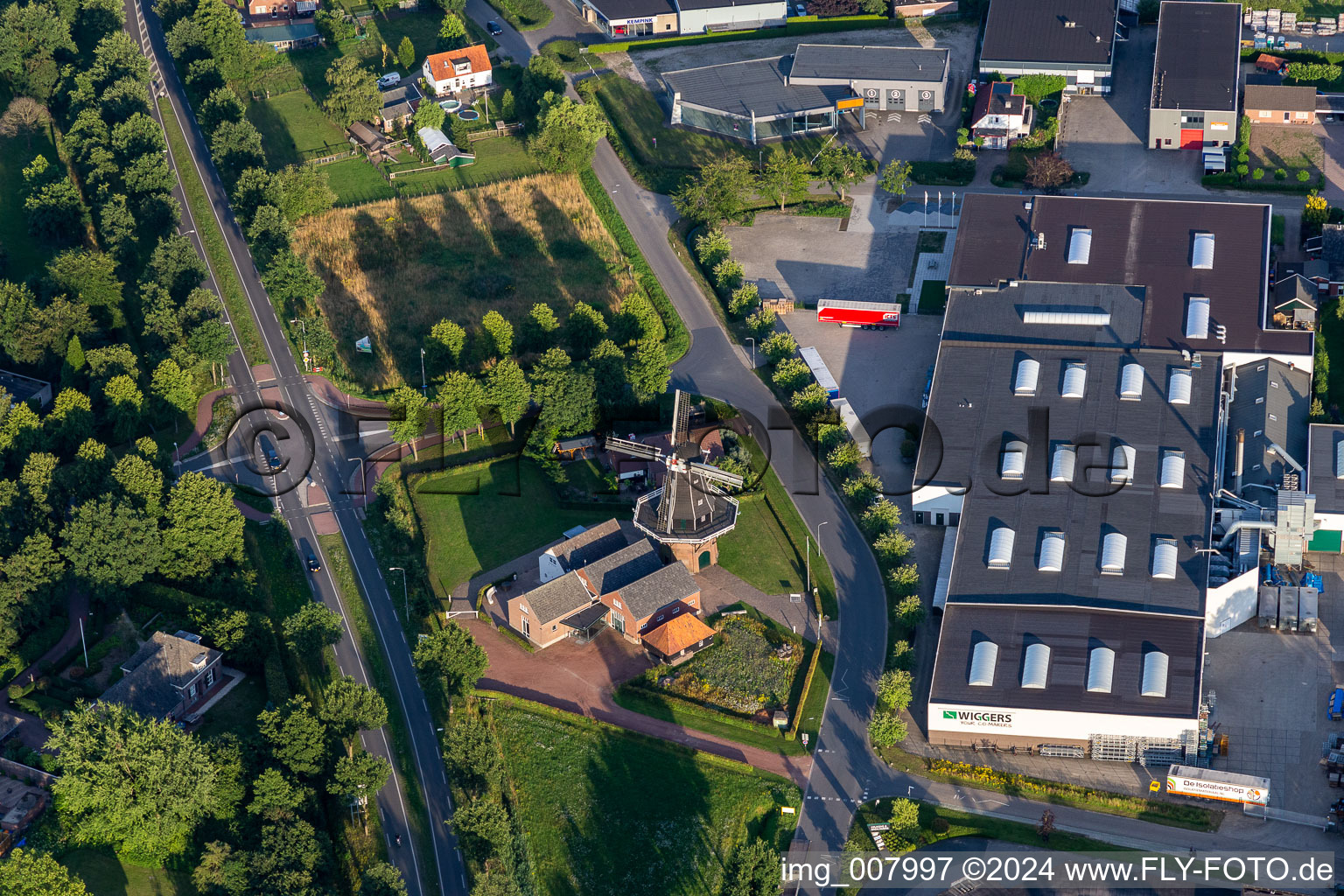 Aerial view of Historic windmill near Wiggers Lijstsprofielen BV in Winterswijk in Gelderland, Netherlands