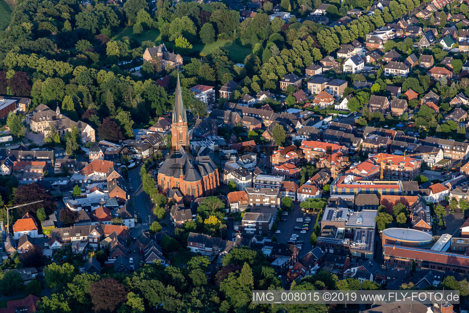 Aerial view of St. Gudula Church in Rhede in the state North Rhine-Westphalia, Germany
