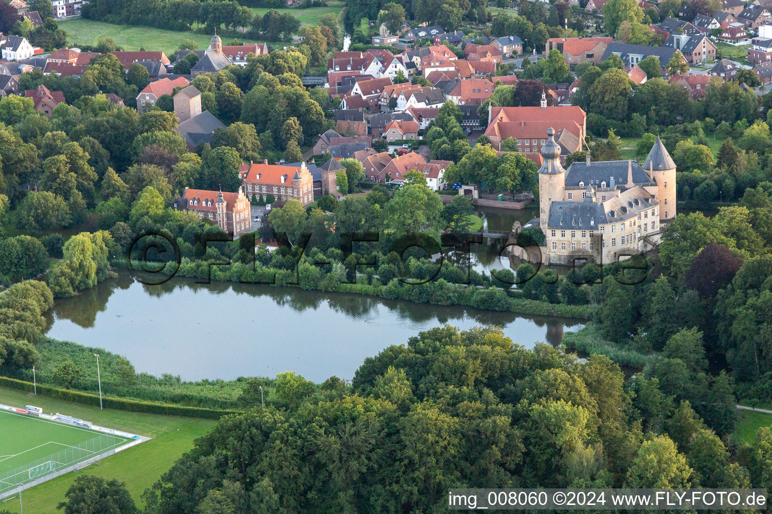 Oblique view of Youth Castle Gemen in the district Gemen in Borken in the state North Rhine-Westphalia, Germany