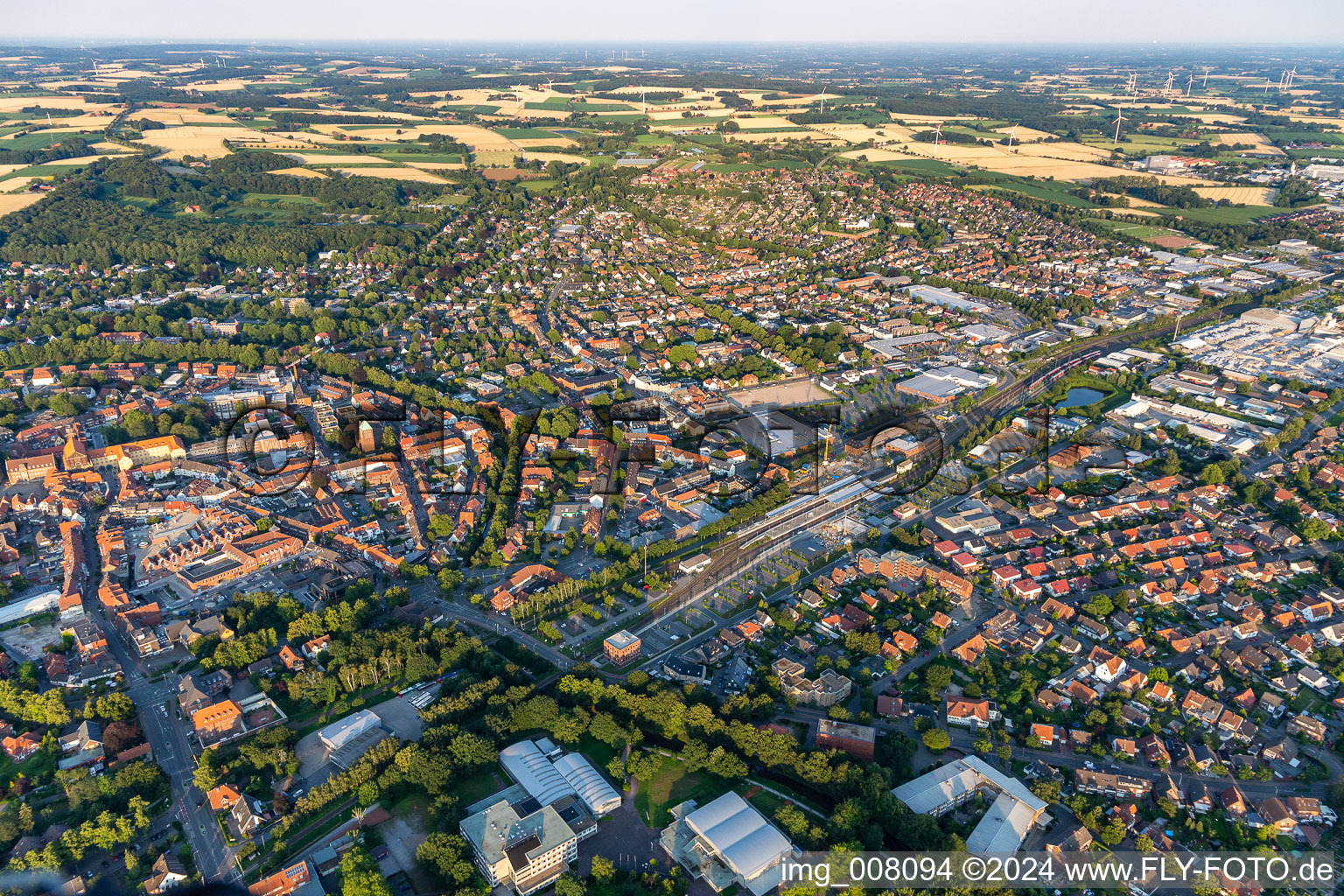 Aerial view of Town View of the streets and houses of the residential areas in Coesfeld in the state North Rhine-Westphalia, Germany
