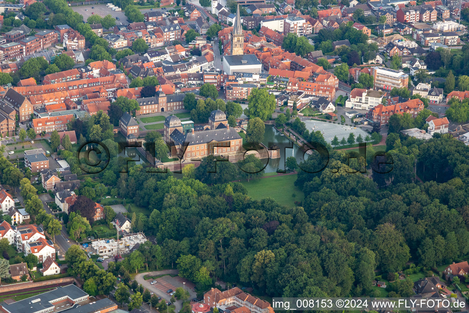 Aerial view of Moated castle and castle garden in Ahaus in the state North Rhine-Westphalia, Germany