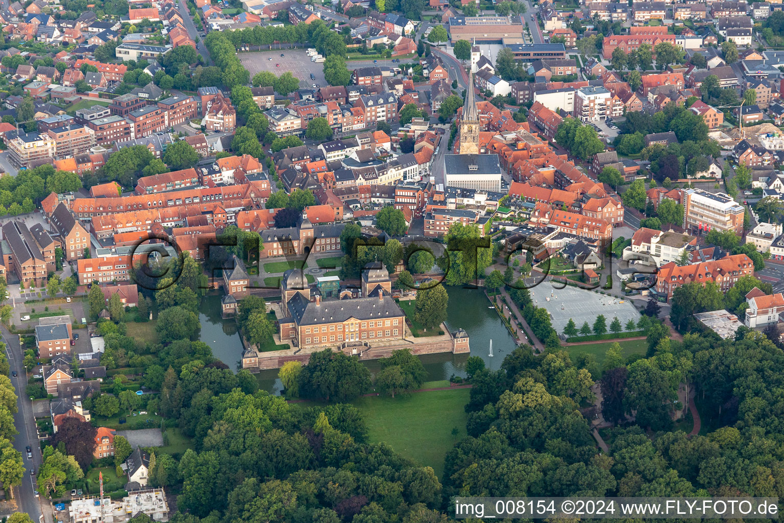 Aerial photograpy of Moated castle and castle garden in Ahaus in the state North Rhine-Westphalia, Germany