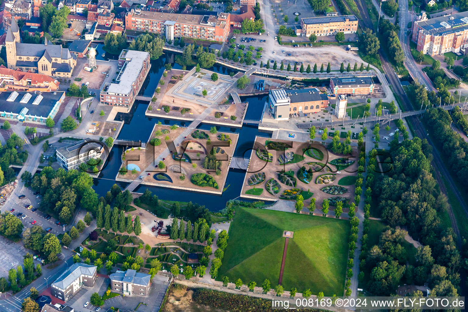 Aerial view of Park of Gronau LAGA with garden-island between channels in front of the rock'n'popmuseum in Gronau (Westfalen) in the state North Rhine-Westphalia, Germany