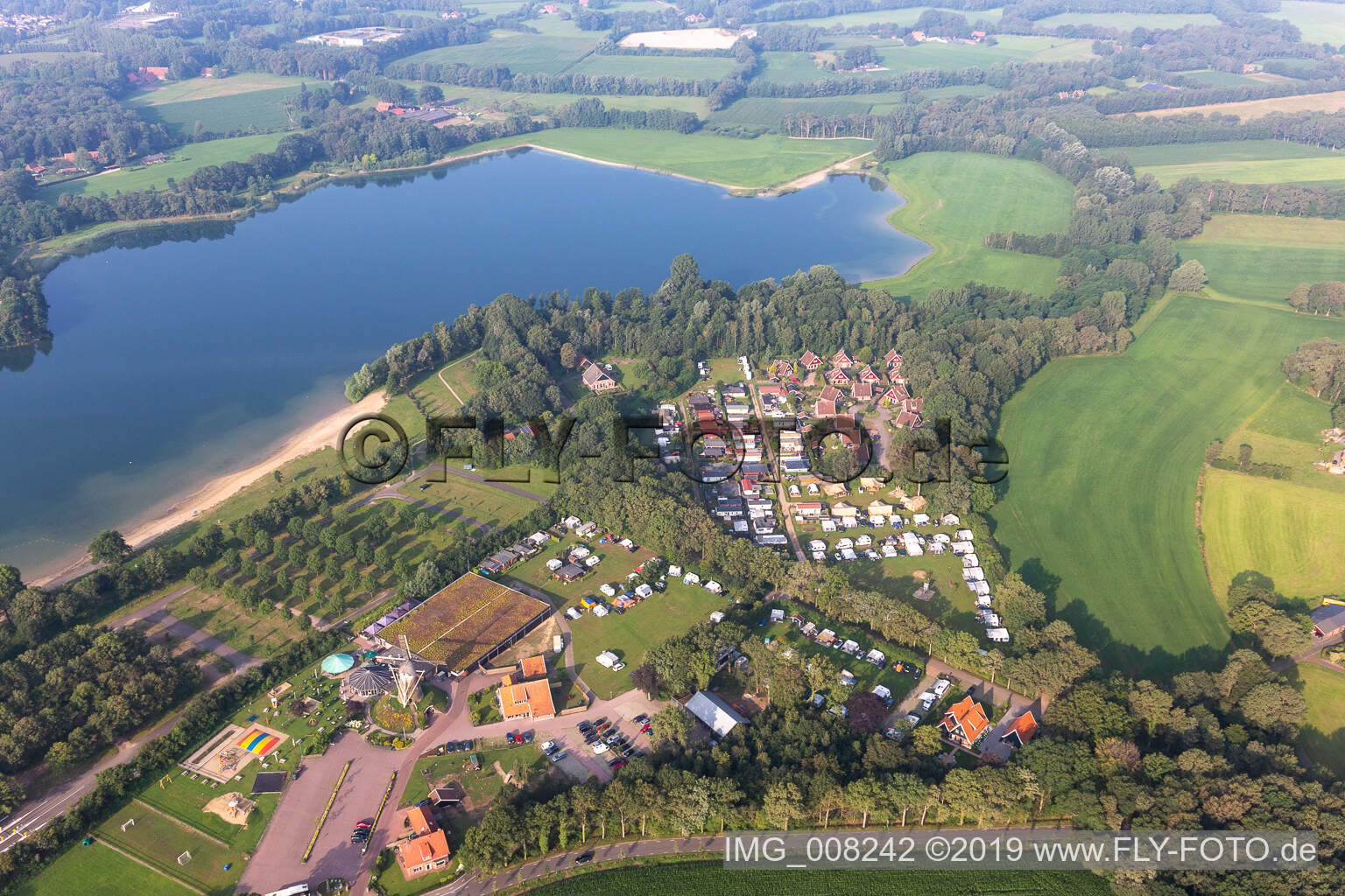 Aerial view of Camping Sevink Molen in Winterswijk Meddo in the state Gelderland, Netherlands