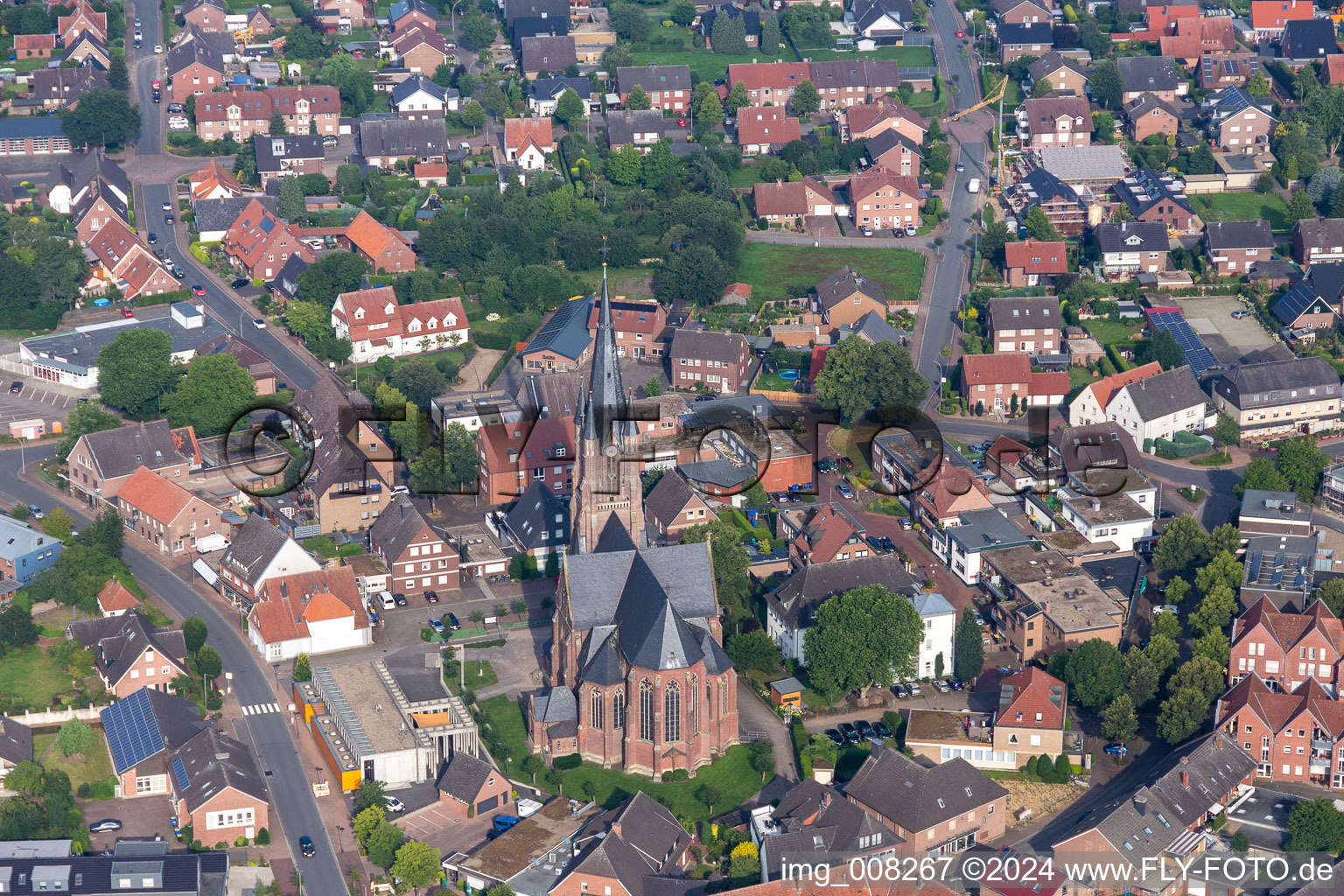 Aerial view of Church building " St. Ludgerus Weseke " in Borken in the state North Rhine-Westphalia, Germany