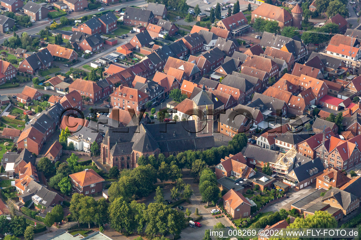 Oblique view of St. Walburga in the district Ramsdorf in Velen in the state North Rhine-Westphalia, Germany