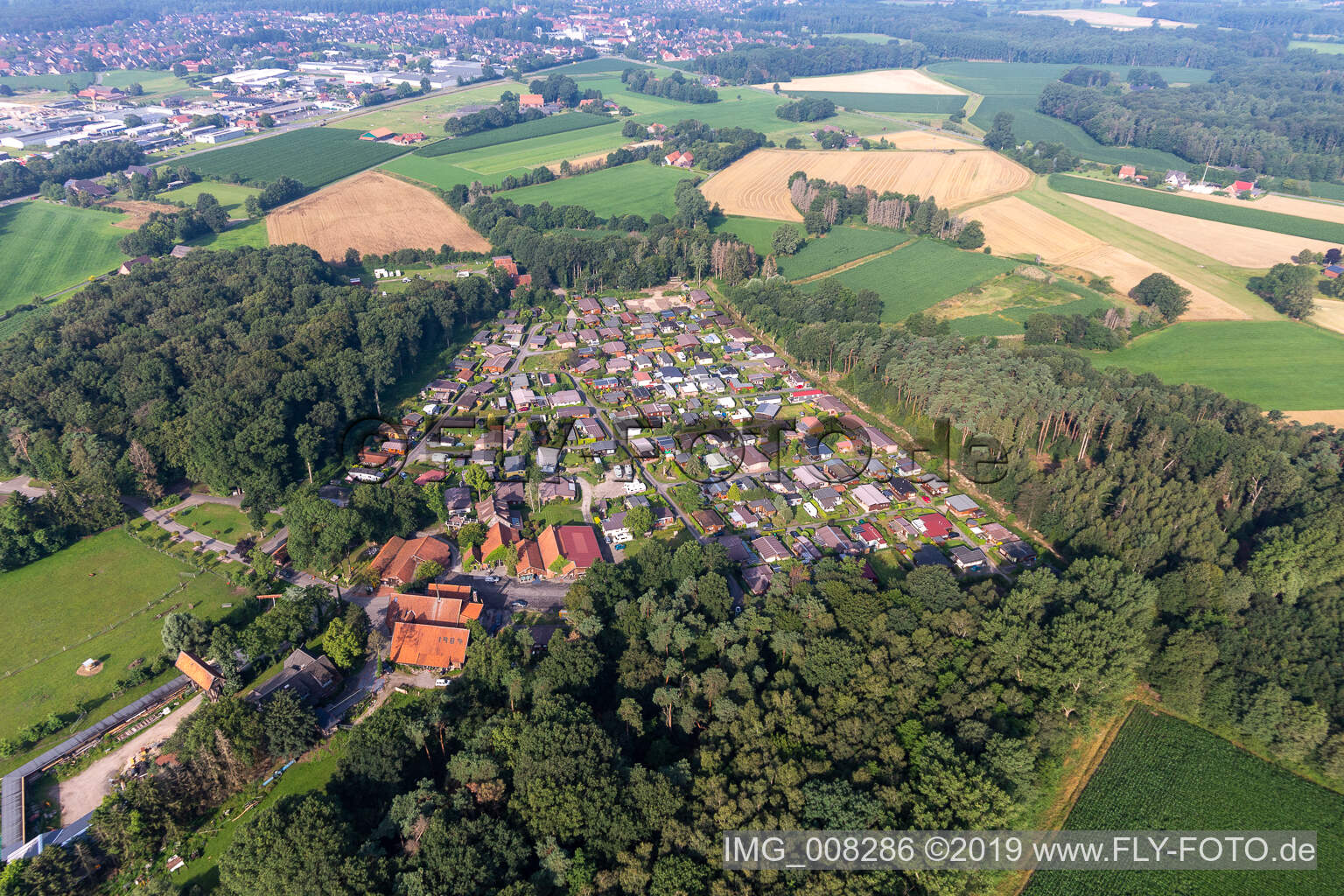Oblique view of Waldvelen recreation area, family ven der Buss in Velen in the state North Rhine-Westphalia, Germany