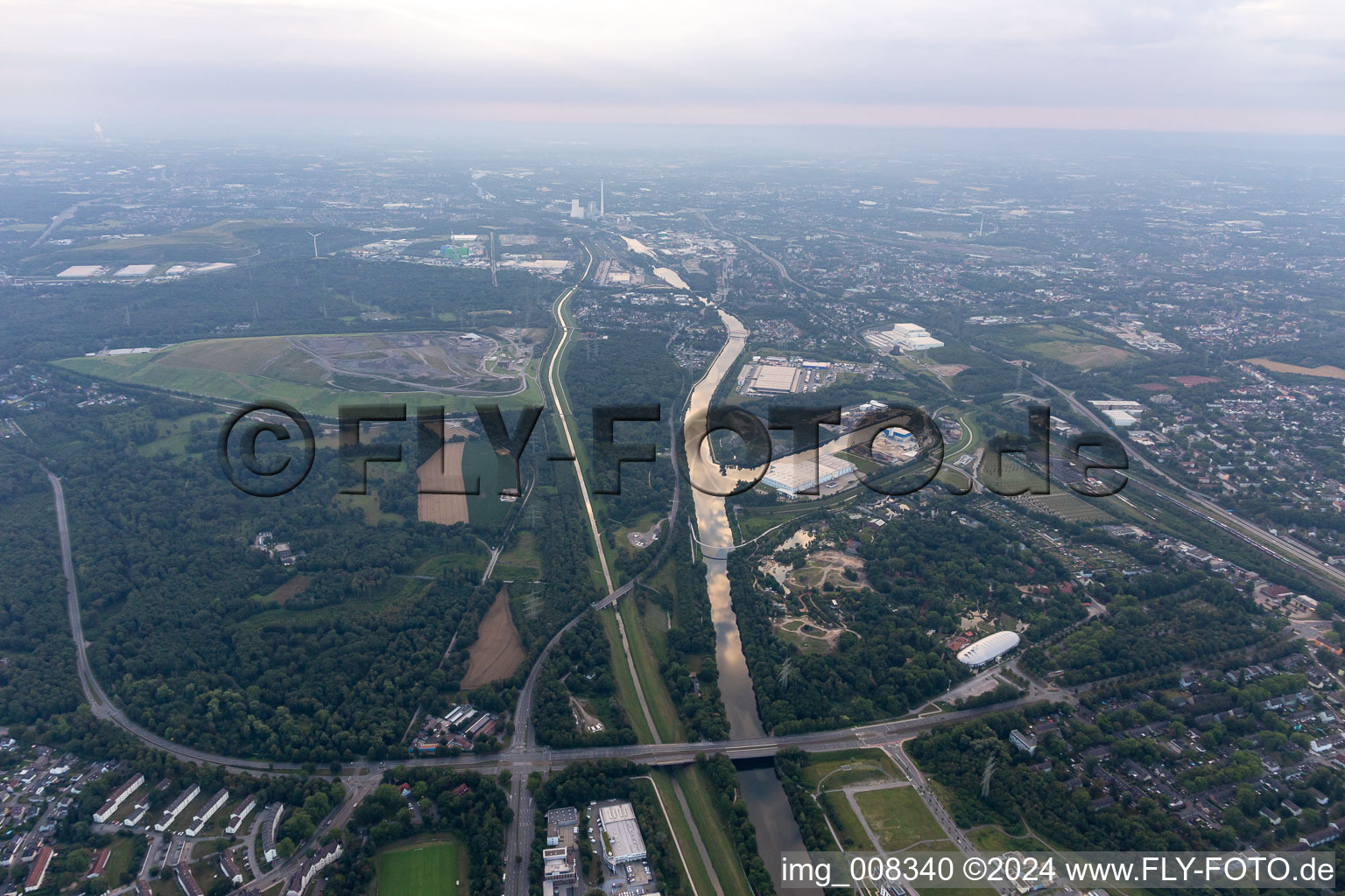 Aerial view of Emscher and Rhine-Herne Canal in Gelsenkirchen in the state North Rhine-Westphalia, Germany