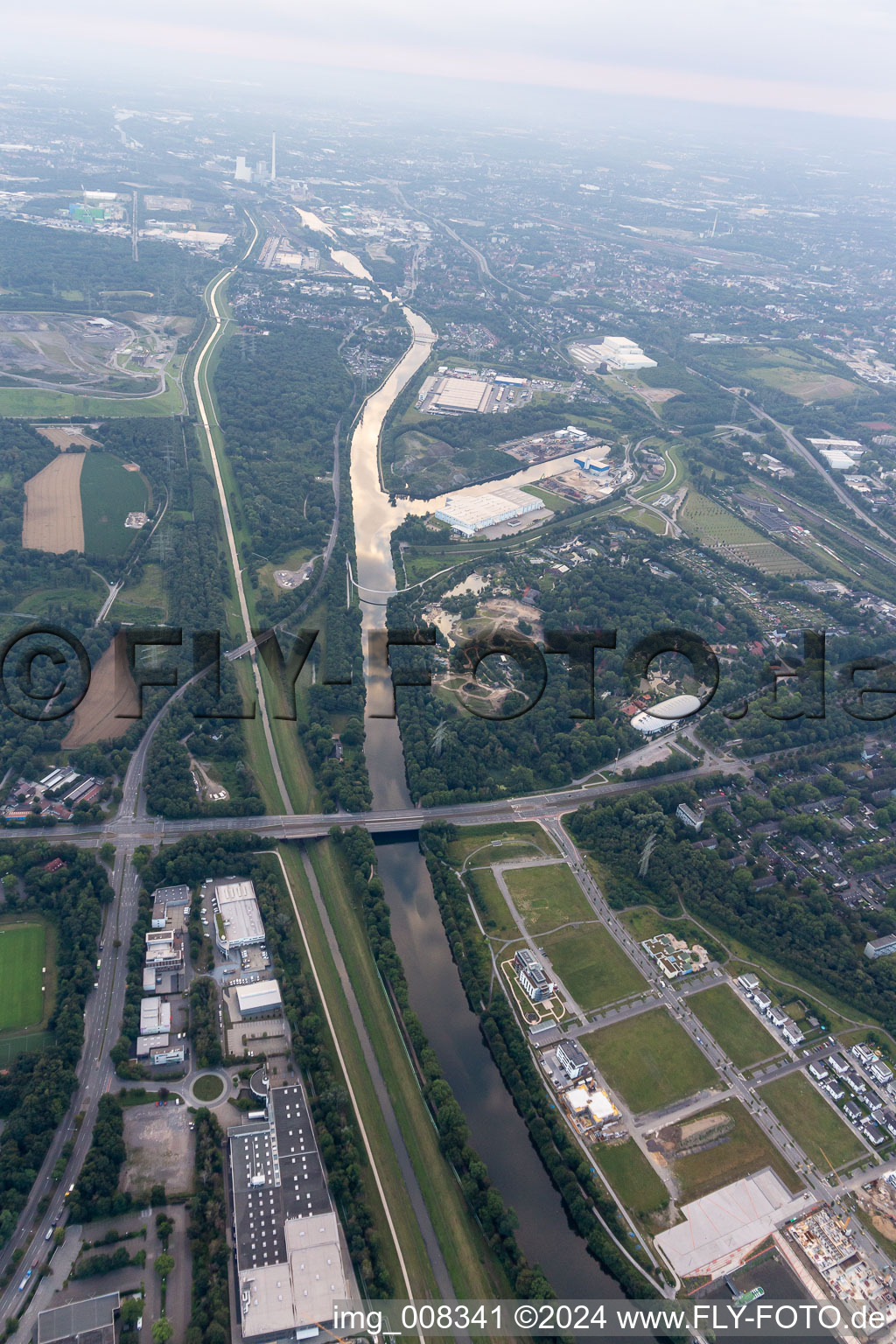 Aerial photograpy of Emscher and Rhine-Herne Canal in the district Bismarck in Gelsenkirchen in the state North Rhine-Westphalia, Germany