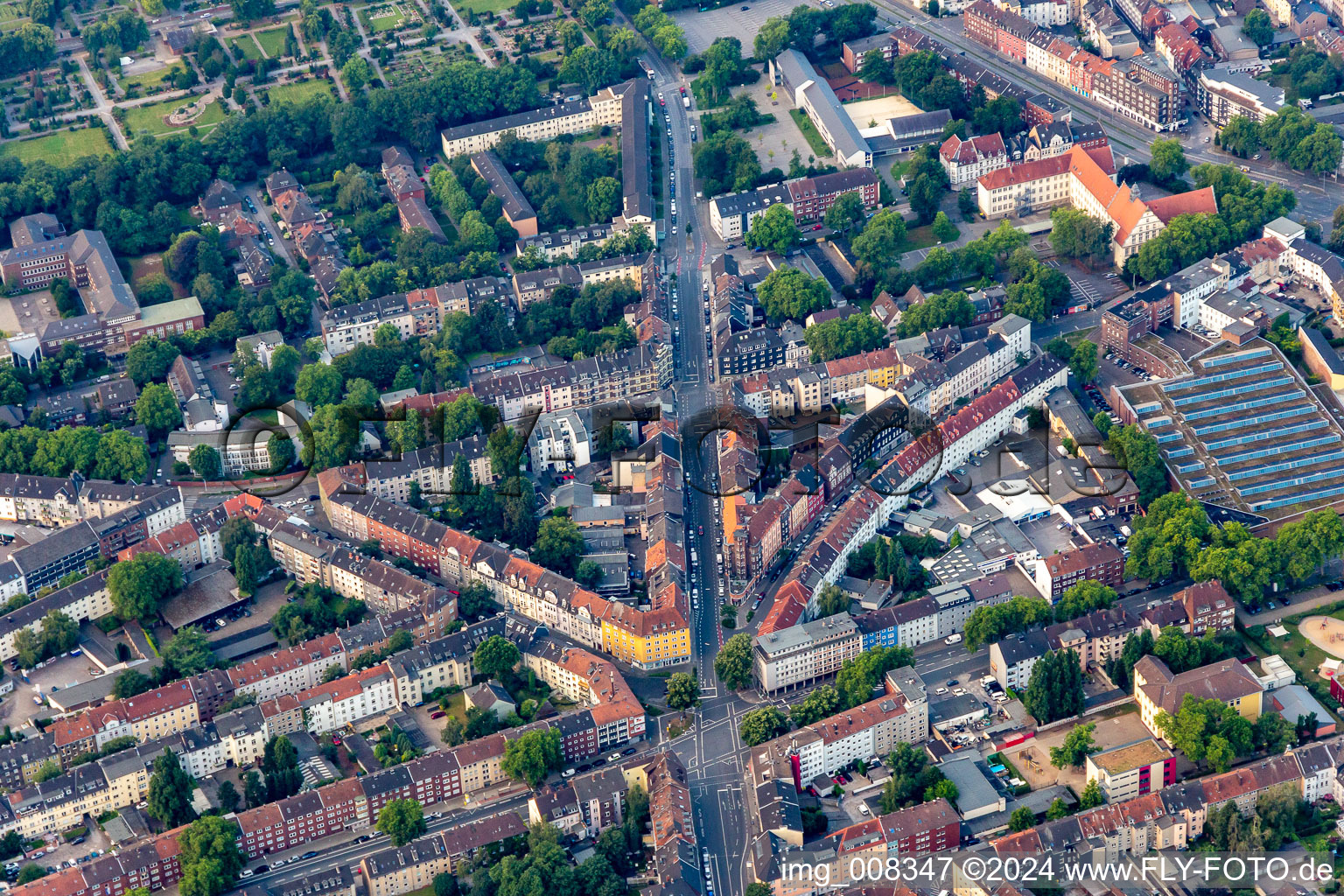 City view on down town Florastrasse in the district Schalke in Gelsenkirchen in the state North Rhine-Westphalia, Germany