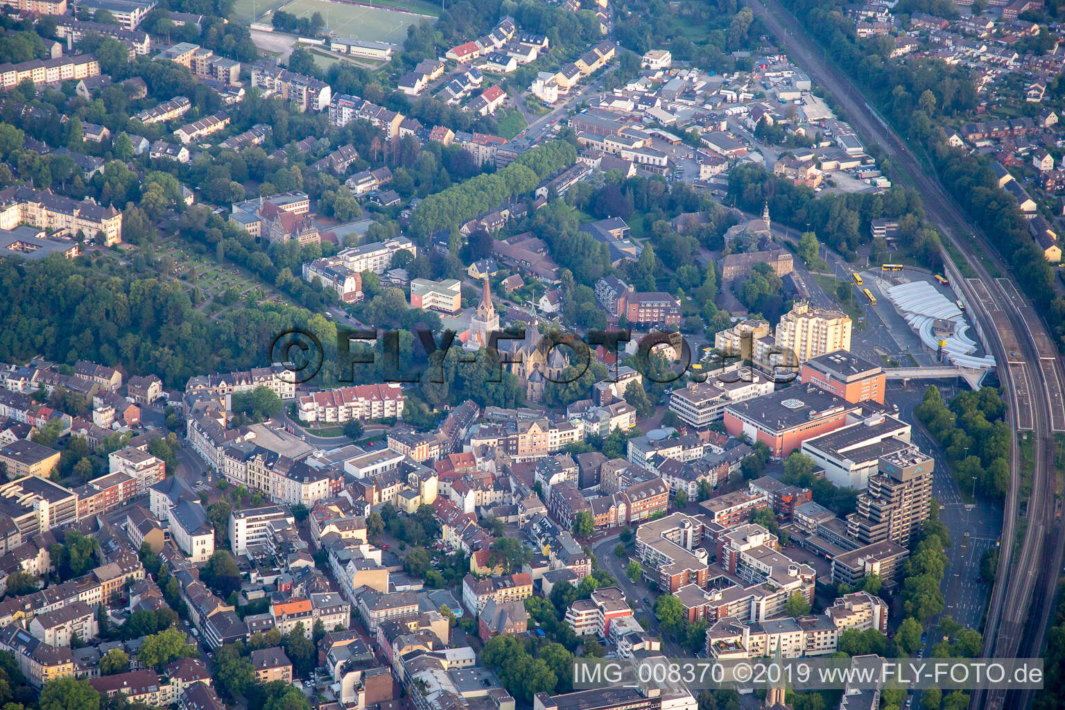Aerial view of Steeler Square and train station in Essen-Steele in the state North Rhine-Westphalia, Germany