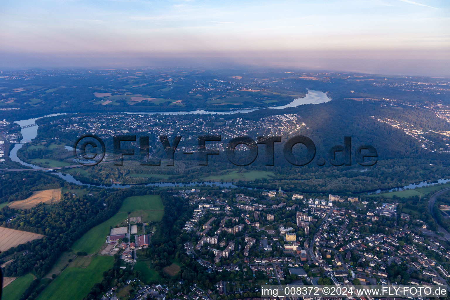 Curved loop of the riparian zones on the course of the river Ruhrbogen of Ruhrhalbinsel Ueberruhr in Essen-Hinsel in the state North Rhine-Westphalia