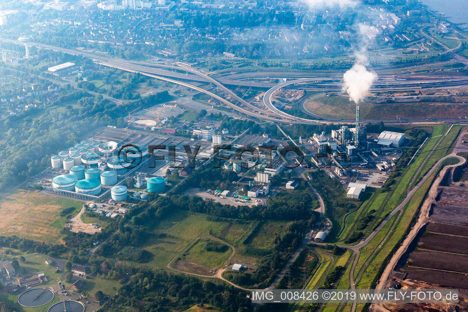 Aerial view of Waste disposal center at the Old Bürriger Deich in Leverkusen in the state North Rhine-Westphalia, Germany
