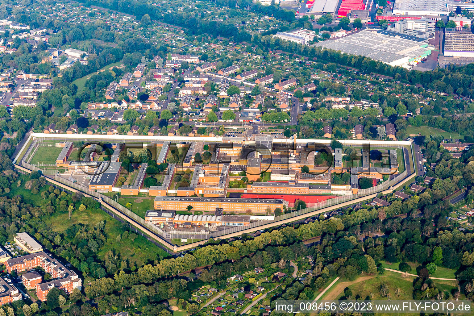 Aerial view of Prison grounds and high security fence Prison on Rochusstrasse in the district Ossendorf in Cologne in the state North Rhine-Westphalia, Germany. Editorial use only !