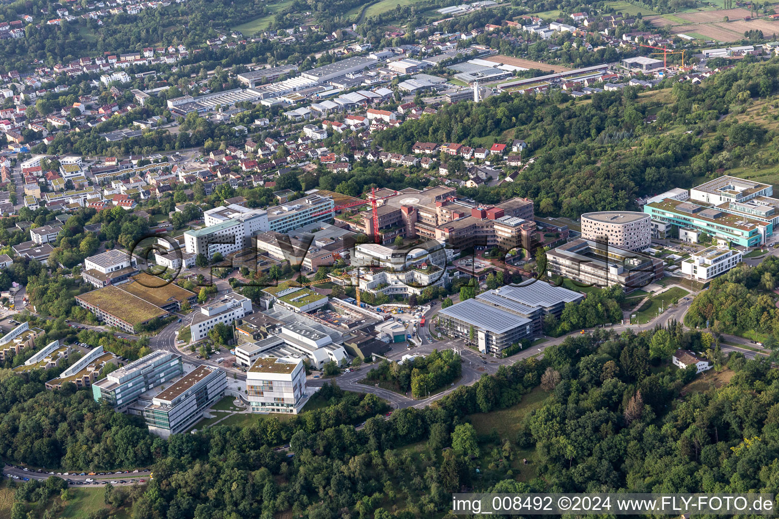 Aerial view of Hospital grounds of the Clinic Medizinische Universitaetsklinik on Schnarrenberg in Tuebingen in the state Baden-Wurttemberg, Germany