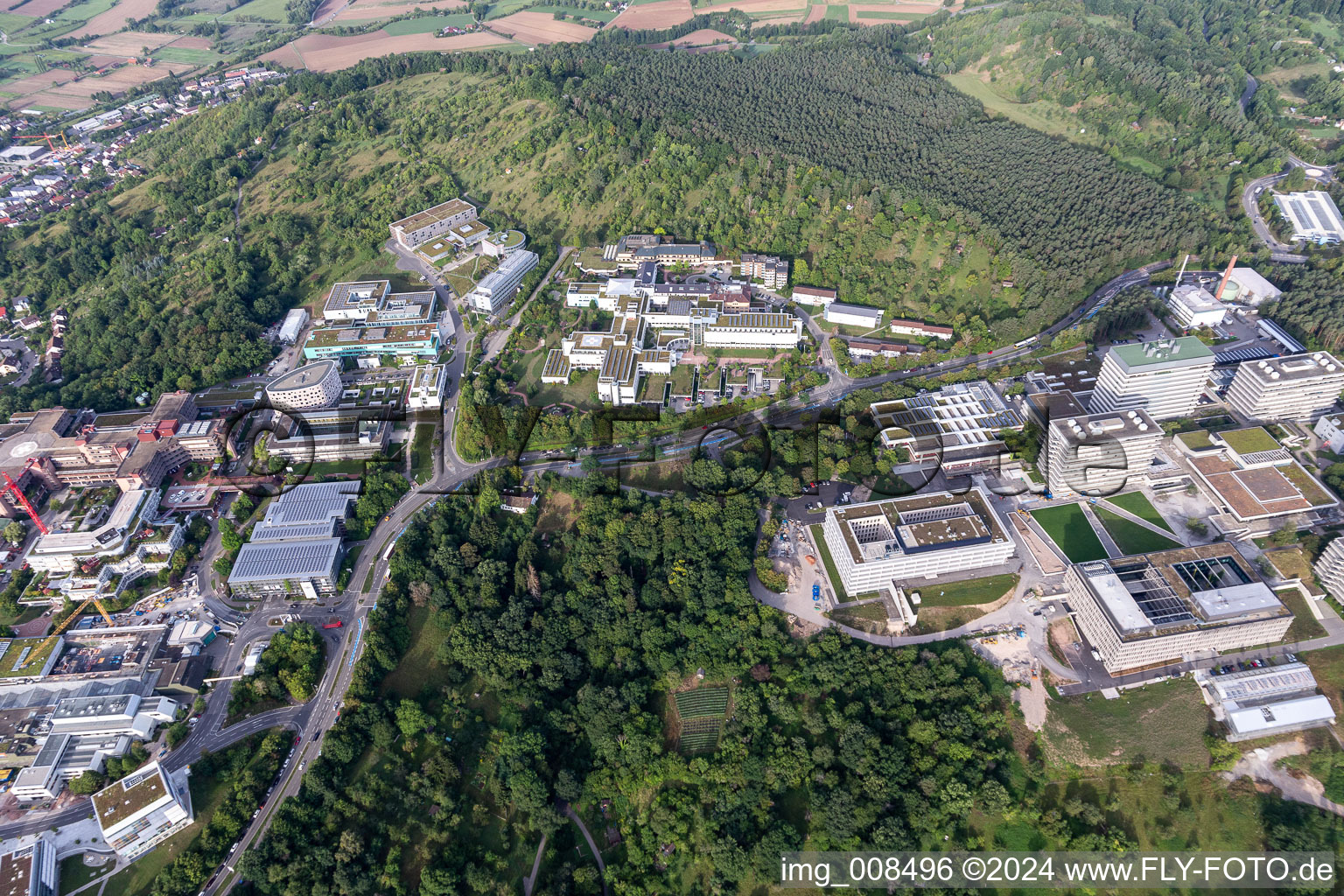 Aerial view of Hospital grounds of the Clinic Medizinische Universitaetsklinik on Schnarrenberg in Tuebingen in the state Baden-Wurttemberg, Germany