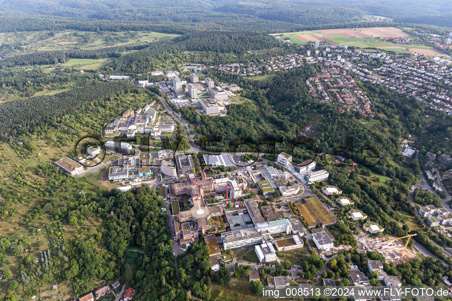 Aerial view of General overview of the hospital grounds of the Clinic Medizinische Universitaetsklinik on Schnarrenberg in Tuebingen in the state Baden-Wurttemberg, Germany