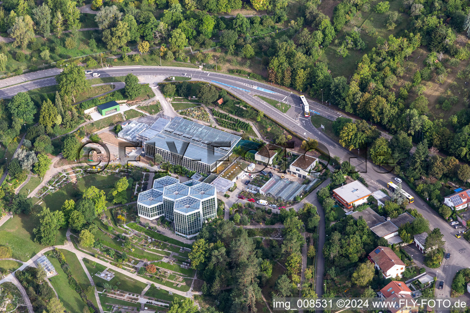 Aerial view of Terraced park Botanischer Garten, Tropicarium and Arboretum of Universitaet Tuebingen in Tuebingen in the state Baden-Wuerttemberg, Germany