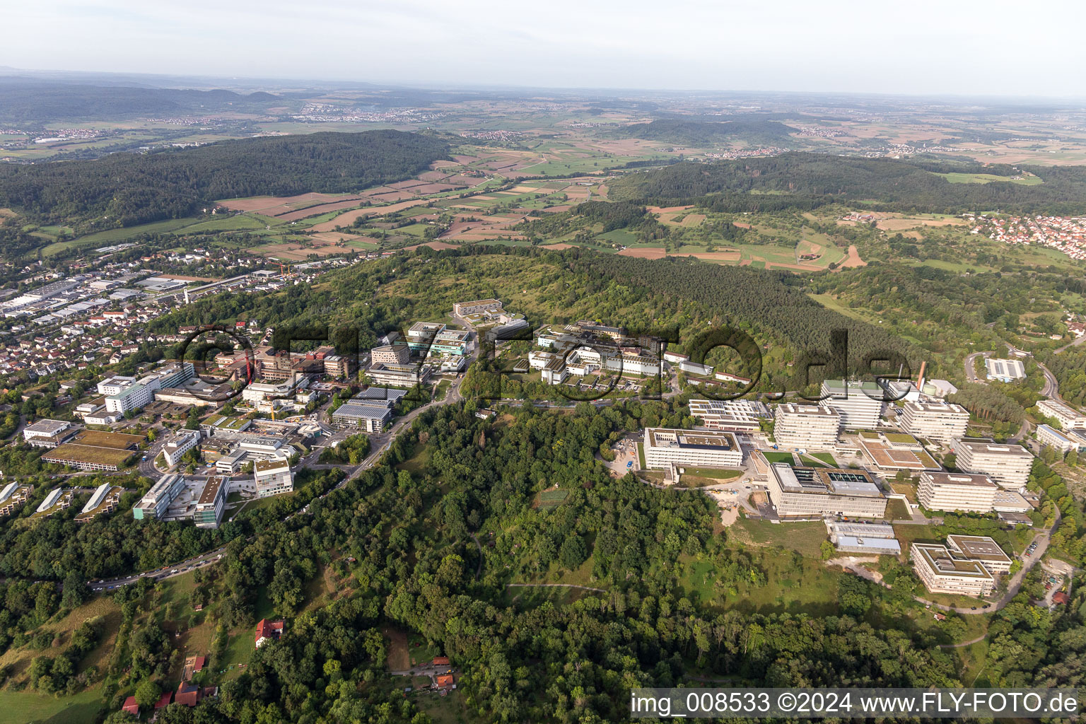 BG Clinic, University and University Hospital Tübingen in Tübingen in the state Baden-Wuerttemberg, Germany from the plane