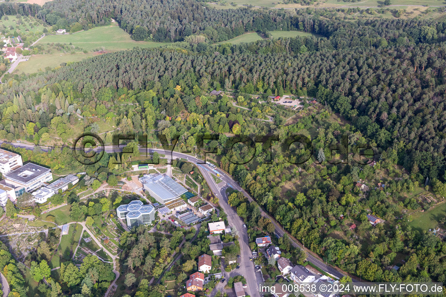 Aerial photograpy of Terraced park Botanischer Garten, Tropicarium and Arboretum of Universitaet Tuebingen in Tuebingen in the state Baden-Wuerttemberg, Germany
