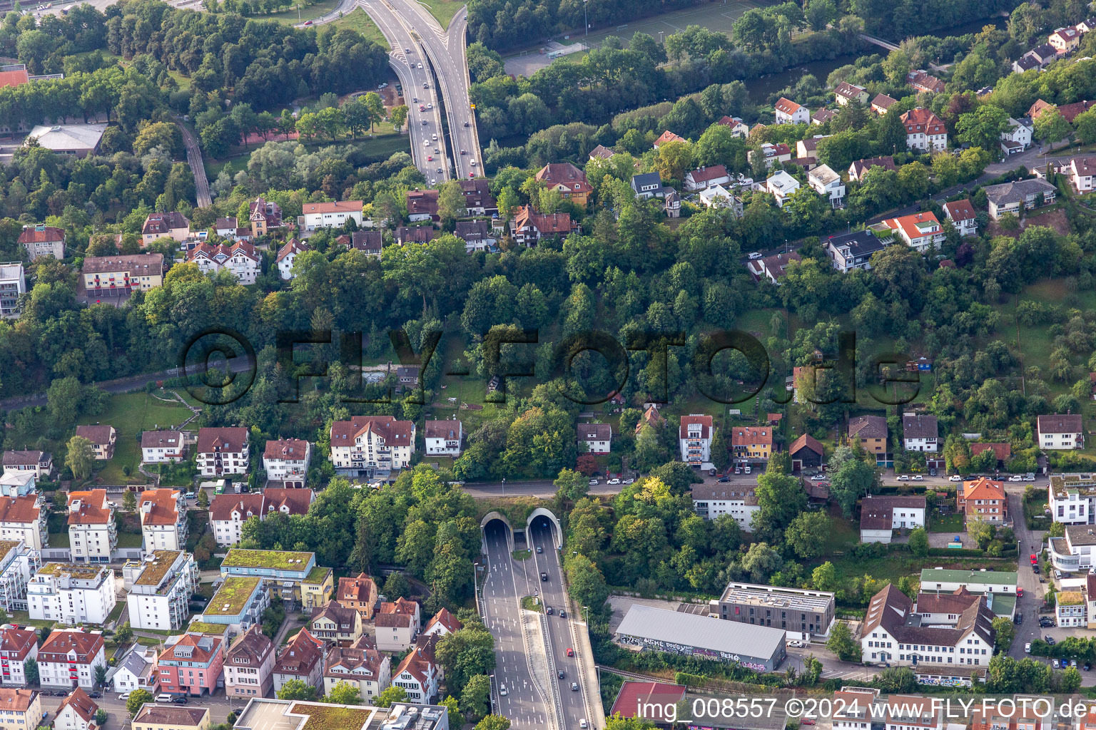 Entrance and exit of the tunnel structure durch den Schlossberg in Tuebingen in the state Baden-Wuerttemberg, Germany