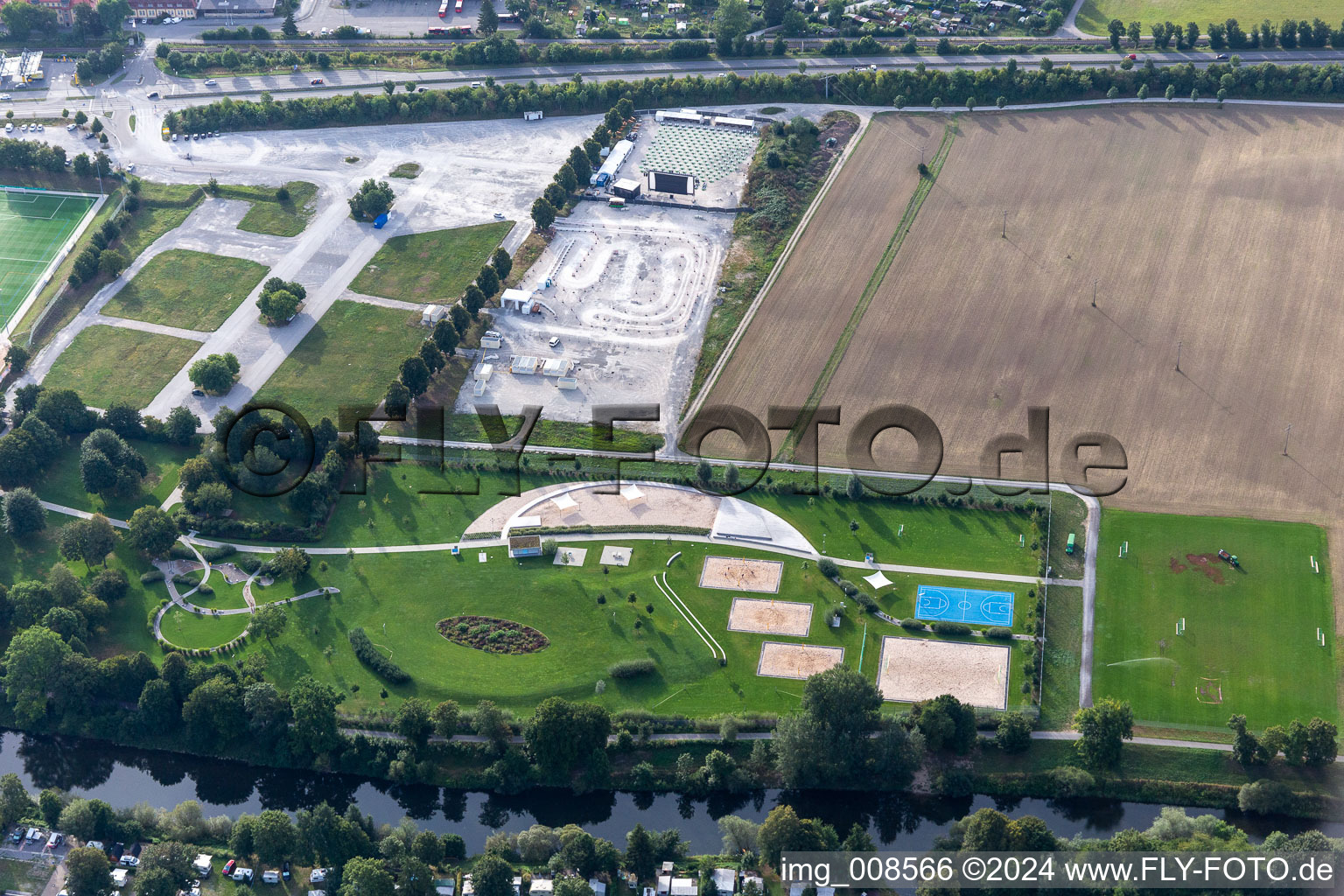 Aerial view of Fairground, outdoor pool in the district Weststadt in Tübingen in the state Baden-Wuerttemberg, Germany