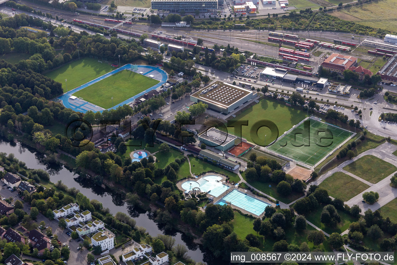 Building of sports hall Ensemble Festplatz, Freibad, Camping, Paul Horn Arena in Tuebingen in the state Baden-Wuerttemberg, Germany