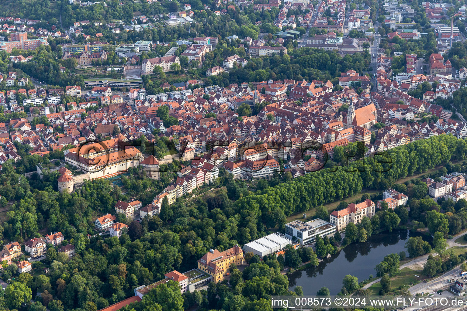 Aerial view of Town View of the streets and houses of the residential areas in Tuebingen in the state Baden-Wuerttemberg, Germany