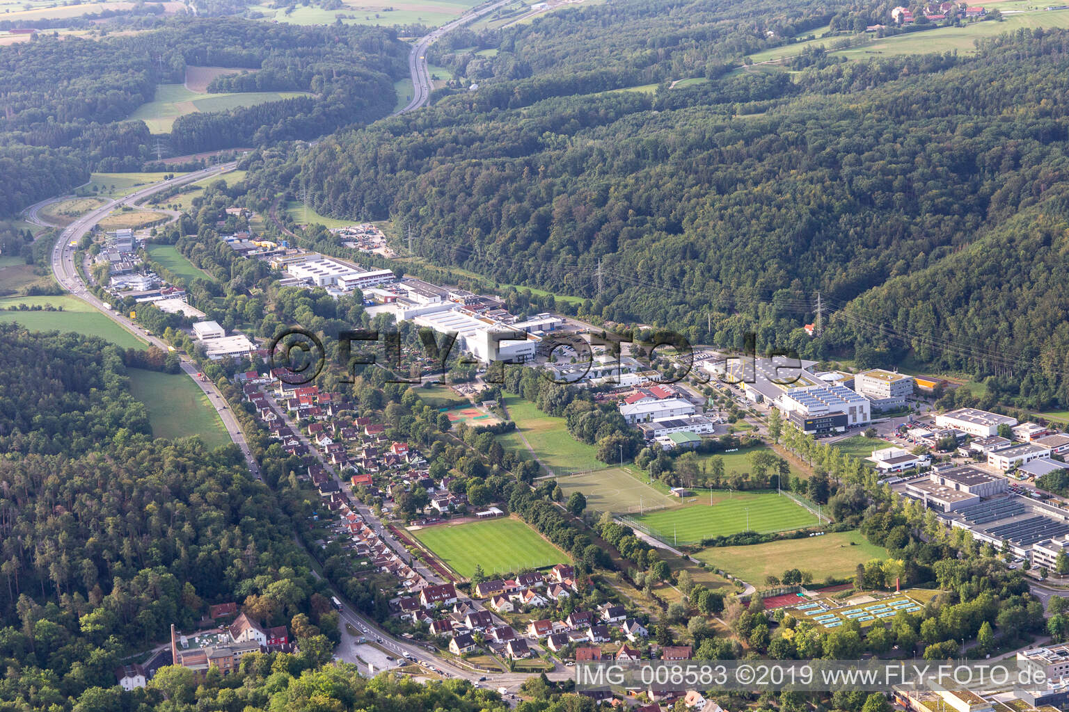 Oblique view of Derendingen in the district Gartenstadt in Tübingen in the state Baden-Wuerttemberg, Germany