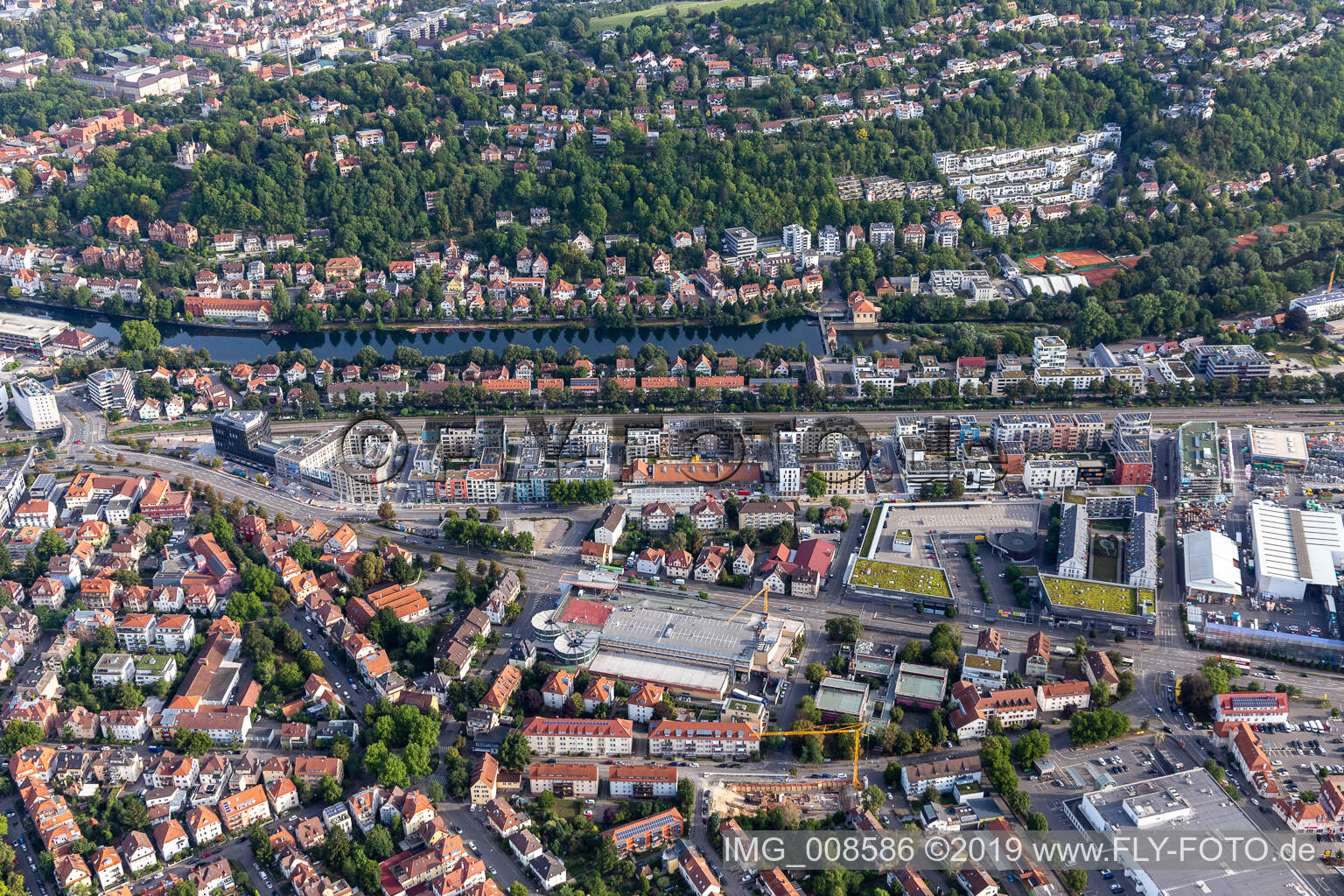 Aerial view of Schaffhausenstrasse, Eisenbahnstrasse in Tübingen in the state Baden-Wuerttemberg, Germany