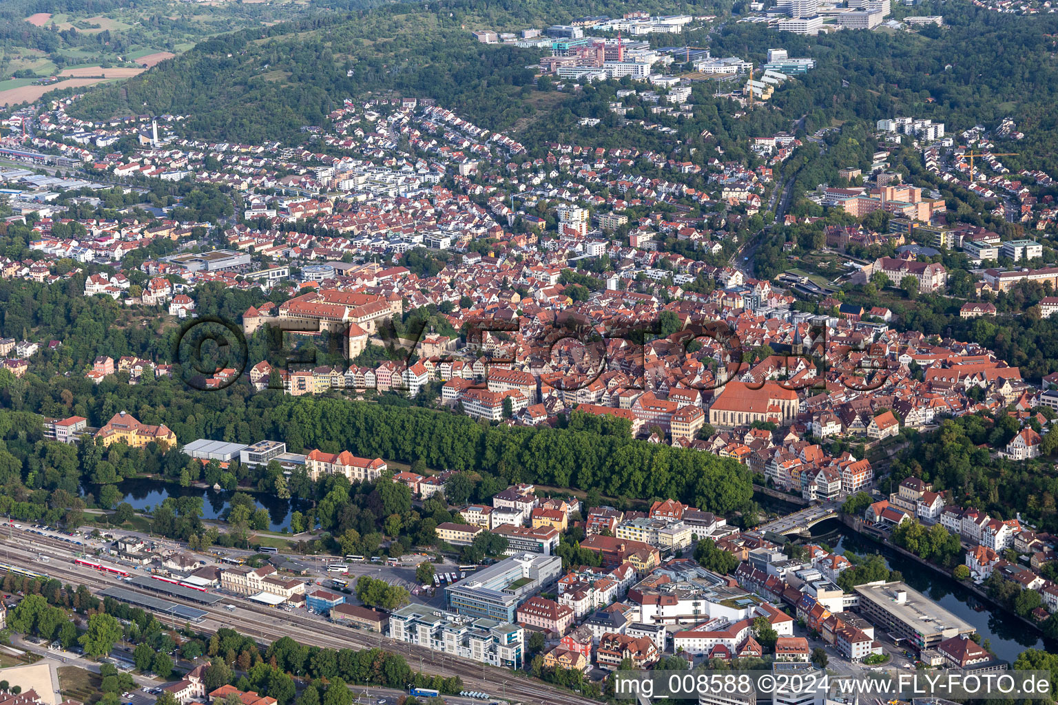 Aerial photograpy of Town View of the streets and houses of the residential areas in Tuebingen in the state Baden-Wuerttemberg, Germany