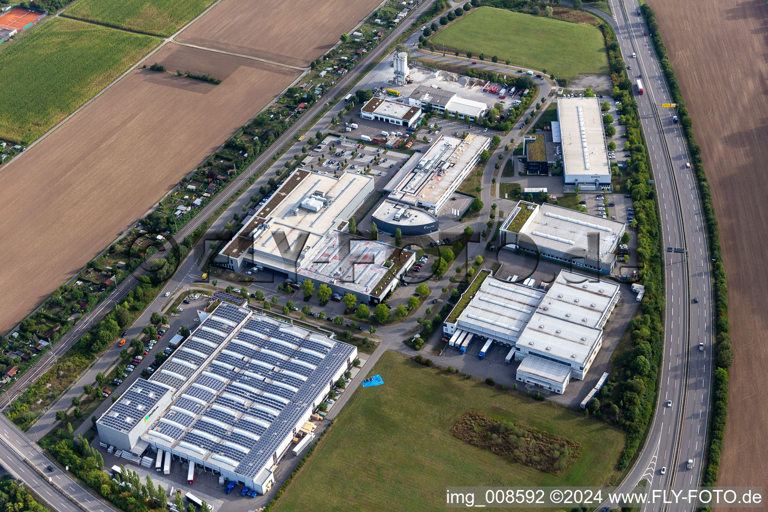 Industrial and commercial area with Zeltwanger Maschinenbau GmbH, EUROMASTER GmbH, BayWa r.e. Solar Energy Systems GmbH and HIMMELWERK, Hoch- and Mittelfrequenzanlagen GmbH in Tuebingen in the state Baden-Wuerttemberg, Germany