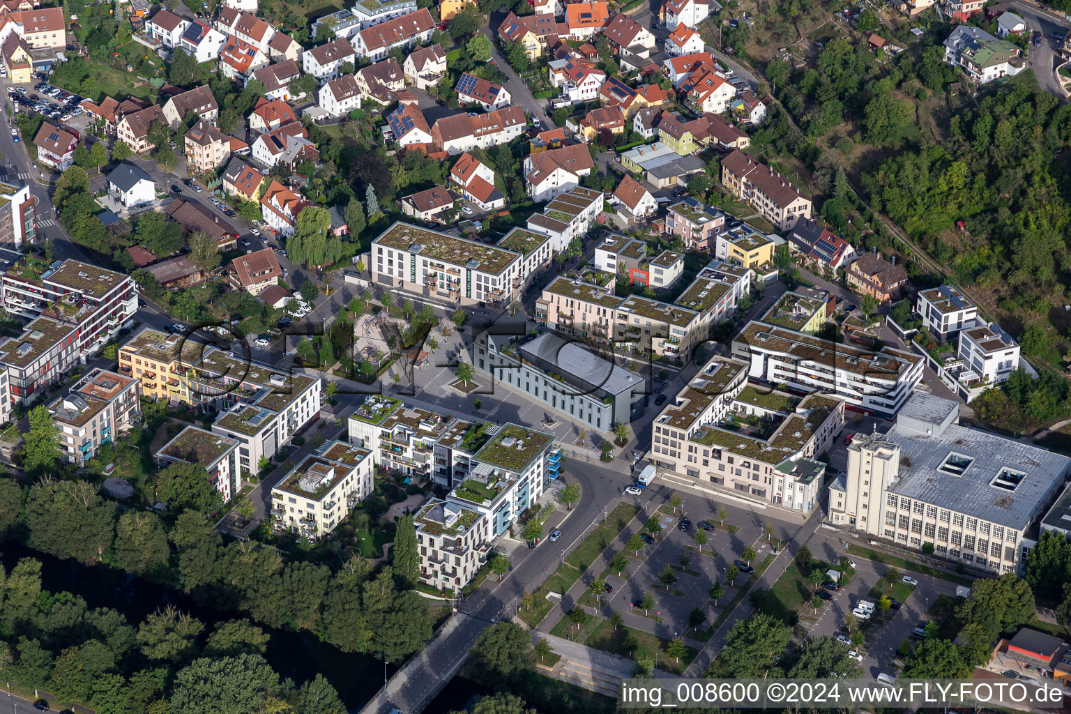 Aerial view of Industrial estate and company settlement Alte Weberei with Egeria GmbH and Baer-Tiger-Wolf in Tuebingen in the state Baden-Wuerttemberg, Germany