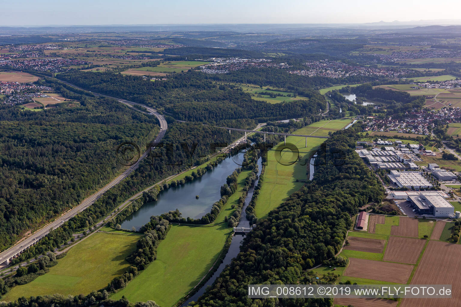 Neckartal viaduct over the quarry pond in Kirchentellinsfurt in the state Baden-Wuerttemberg, Germany