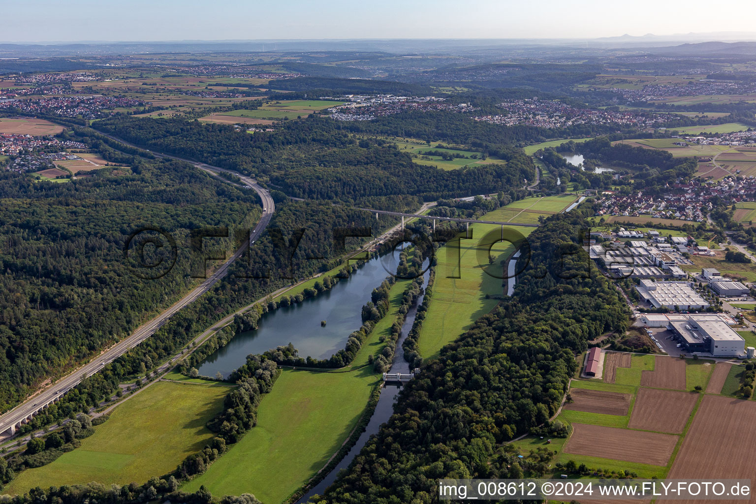 Neckartal viaduct over the quarry pond in Kirchentellinsfurt in the state Baden-Wuerttemberg, Germany